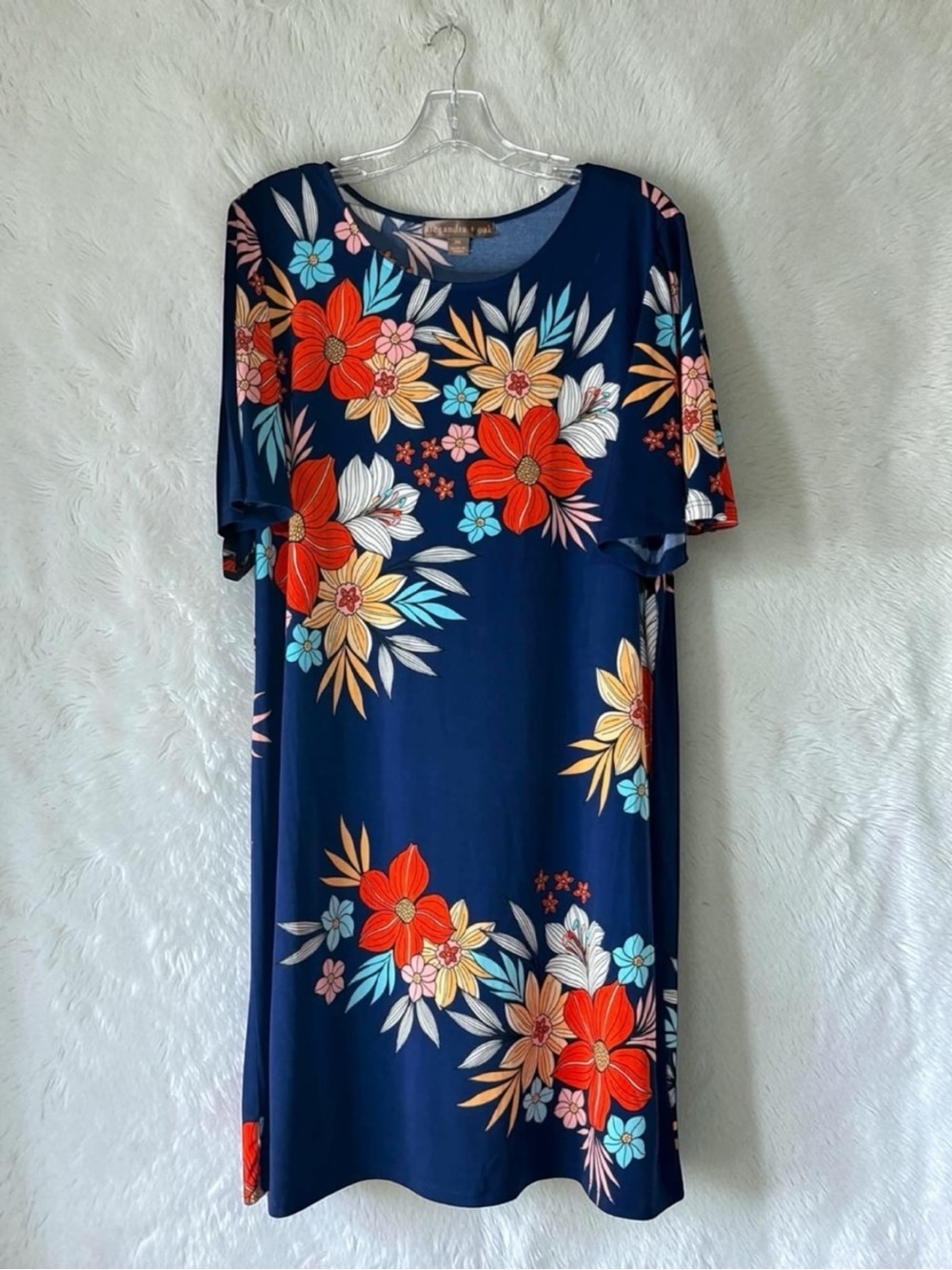 Floral Navy Shift Dress with Multicolor Blooms Midi loose body summer size XXL